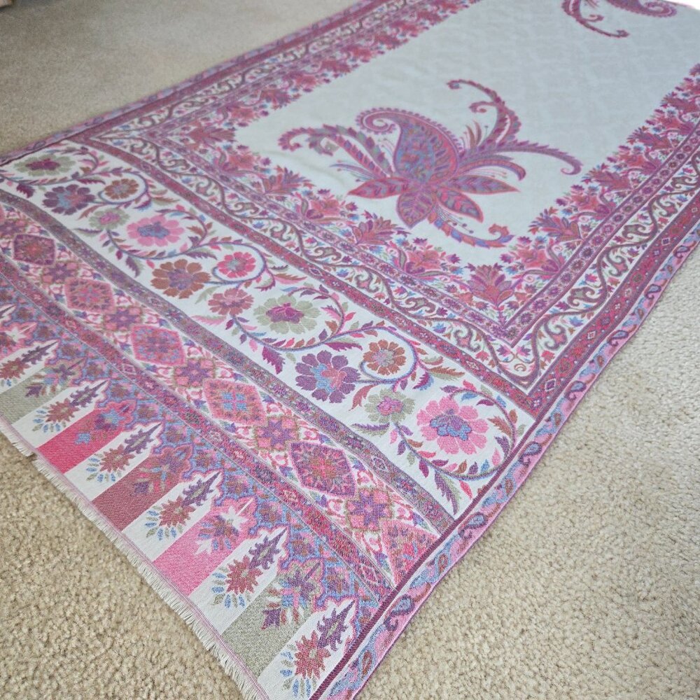 NWOT Cashmere Kashmiri Scarf Shawl Jacquard Embroidered Pink Purple - Picture 9 of 16